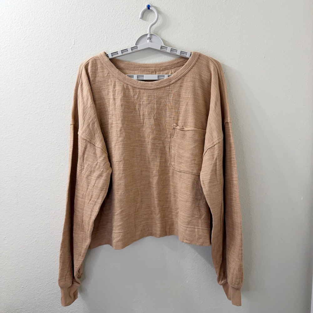 Aerie Womens M Waffle Knit Long Sleeve Pocket Thermal Top Tan Relaxed Fit